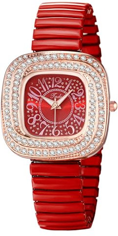 JewelryWe Damenuhr Elastische Quadratische Uhr: Glitzer Zirkonia Analog Quarz Armbanduhr Damen Rot Edelstahl Stretch-Armband Kleine Diamant Uhr mit Zugarmband & Eckigem Wirbel-Gehäuse