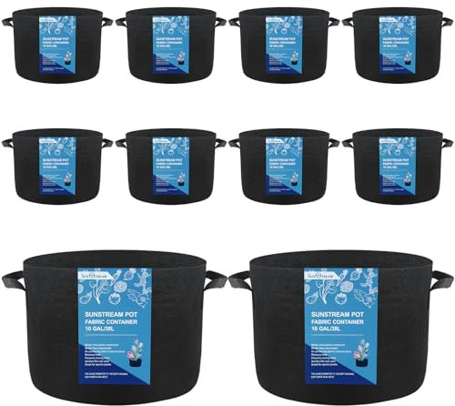 SunStream Lot de 10 Sacs à Plantes 40 L Non Tissé Sac de Culture Sac de Terreau Sacs de Plantation Grow Bag pour Plantation Jardinieres Exterieur en Balcon Terrasse