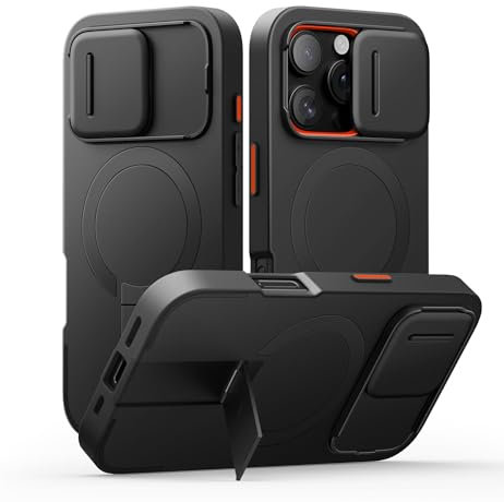 SURITCH Magnetic Case Compatible with iPhone 16 Pro, Shockproof Bumper Case Slim Protective Cover with Slide Camera Cover and Adjustable Kickstand(Black)