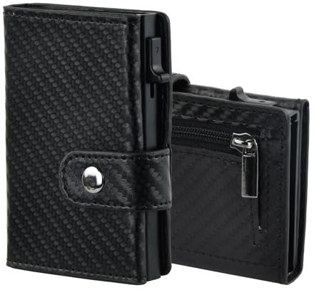 Amexo Portafoglio Slim Uomo in Pelle e Fibra di Carbonio con RFID Protection, Pop-up Porta Carte di Credito da Donna, Portamonete Zip e Contanti