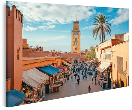 islandburner Bild auf Leinwand Lebhafter Markt und Moschee in Marrakesch Marokko Bilder Wandbilder Poster