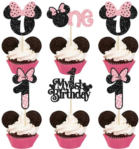 Ephlyn 24Pcs Mouse 1st Birthday Cupcake Toppers, Pink Bow Mini First Birthday Cake Decorations Mouse One Cupcake Picks for Baby Shower 1st Birthday Party Decors Black Pink