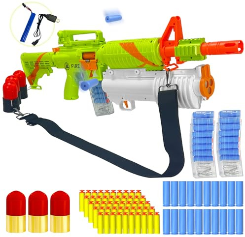 Toy Gun, Shell Ejecting Toy Gun, Realistic Gun, Grenade Launcher - Green | 3 Grenade Bullets Auto / Manual Modes, Electric M16 Gun, Elastic Band with Grenade Launcher, Gift for Boys Girls