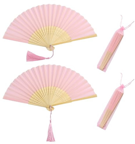 TSKDKIT Hand Fan Folding 2pcs Handheld Folding Fabric Fans for Women Men, Pink Manual Fan Bamboo Silk Fabric Fans, Hand Held Chinese Fan with Tassel, for Wedding Party and Home Decoration