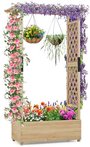 COSTWAY Hochbeet mit Rankgitter & hängendem Dach, Pflanzkasten mit Rankhilfe, Blumenkasten für Kletterpflanzen & hängende Körbe, für Hof Garten Terrasse, Pflanzgefäß aus Holz, Natur (110x44x182cm)