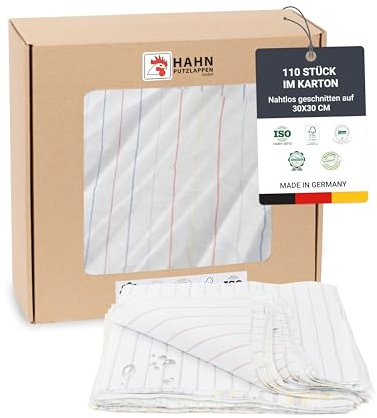 Hahn Putzlappen® Baumwolle Bunt [110 Stück] – Nahtlos zugeschnitten 30x30 cm – Dünn, saugstark & langlebig für Werkstatt,Gebäudereinigung, Haushalt & Autopflege – 100% Recycling - Made in DE