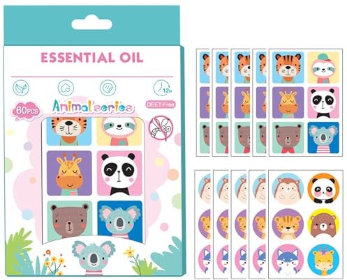 Parches Antimosquitos con Diseño Infantil - 60 Unidades, Repelente de Mosquitos Niños de Dibujos Animados, Protección para Niños y Adultos, Ideal para Acampadas y Actividades al Aire Libre ((Animal)