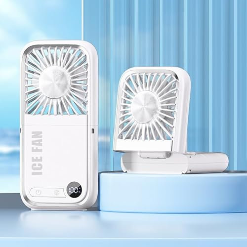 AngLink Tragbarer Mini Ventilator, Leiser Aufladbarer Handventilator, Klappbarer Schreibtischventilator mit Handyhalter & Nackenriemen für Camping, Wandern, Outdoor, Powerbank Funktion