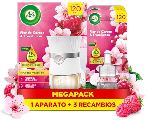 Air Wick Eléctrico Aparato y recambio de ambientador automático eléctrico, con aroma a Flor de Cerezo & Frambuesa - 1 Aparato + 3 Recambios