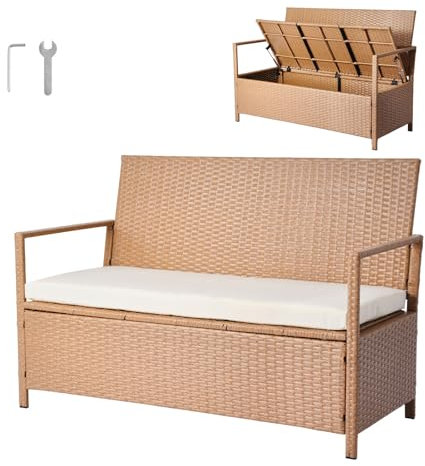 VEVOR Outdoor Storage Bench, 2-Person PE Rattan Storage Bench, 70 Gal Deck Box with Cushion, Supports up to 265 lbs, Weatherproof Outdoor Seating & Porch Decor for Patio Garden Balcony Yard