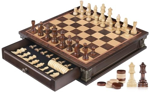Peradix 2 in 1 Magnetisches Schachspiel mit Dame Spiel aus Holz, Schachbrett mit Lagerschublade & Vintage Design, Reiseschach Holz für Kinder und Erwachsene (38x38cm Magnetisches Vintage)
