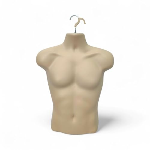 Male Half Body Form Mannequin –Durable Plastic Display with Hollow Back & Hanging Hook–Lightweight, Easy to Clean –Ideal for Clothing, Tops, Jewelry & Retail Garment Presentation (Skin, Half Body)