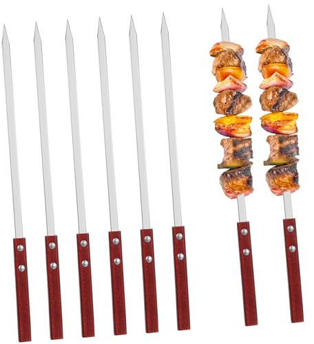 ibasenice 6 pièces Lot de Brochettes Plates Acier Inoxydable pour Barbecue et Kebab Poignée Bois Antidérapante Résistantes Chaleur Grillades Extérieures