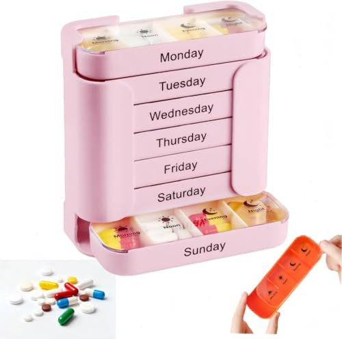 Pilulier Semainier 7 Jours, Compartiments Grand Format Matin Midi Soir Nuit, Organisation Simplifiée des Médicaments, Idéal pour Voyage, Maison de Retraite et Utilisation Quotidienne (Rose,1pc)