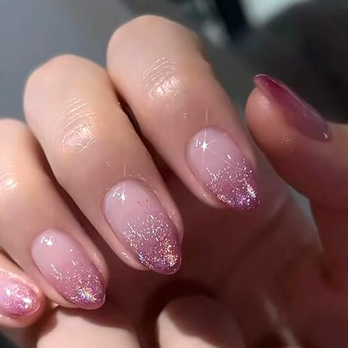 Viugex 24Pcs Almond French Tip False Nails, Purple Gradient Glitter Press on Nails Short, Elegant Glossy Fake Nails, Ballerina Acrylic Full Cover Stick on Nail for Women Girls Nail Art Accessories