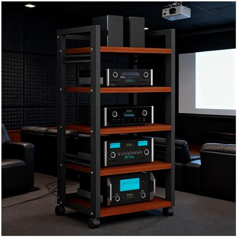 5-stufiges HiFi-Rack, AV-Medienschrank, HiFi-Eckregal Mit Höhenverstellbarem Holzregal, CD-Rack, Entertainment-Stereo-Komponenten-Organizer for Heimkino(Black2)