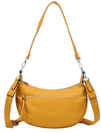 ITALYSHOP24 DAMEN TASCHE MOON Bag Crossbody Runde Schultertasche Hobo Bag Taschenanhänger Umhängetasche Shopper Crossover Handtasche Halbmond Leder Optik Reise (Gelb.)