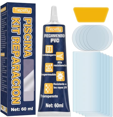 Tiepetly Kit de Parches Piscina Bajo Agua y Parches Colchones Hinchables – Impermeables, Transparentes y Resistentes, Ideales para Spas, Jacuzzis, Colchones de Aire y Botes de PVC 60ML | Impermeables, Uso Bajo el Agua, Para Spas y Jacuzzis, Para Botes de PVC, Resistentes