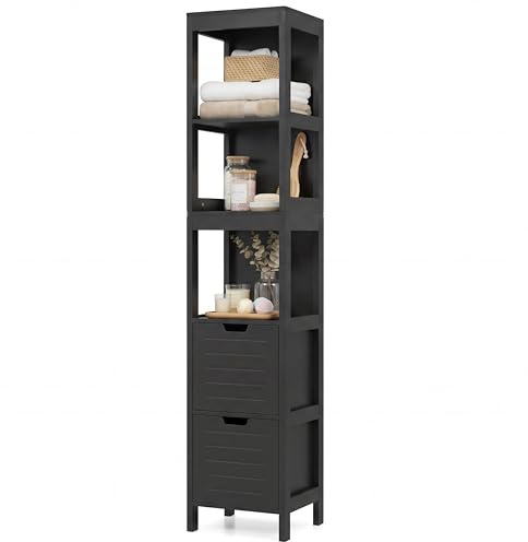 GIANTEX Meuble Colonne Salle de Bain 2 Librement Tiroirs Combinable, Armoire Haute Etroite à 5 Niveaux, Meuble de Rangement en Bois sur Pied, 30,5x30,5x145 cm, Noir