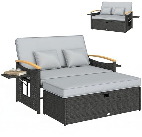 Outsunny Double Garden Rattan Daybed, Wicker Sun Bed Chaise Lounger with Storage Ottoman, 4-Level Adjustable Backrest, Side Tray, Cushions, Outdoor Conversation Furniture Loveseat Sofa, Dark Grey