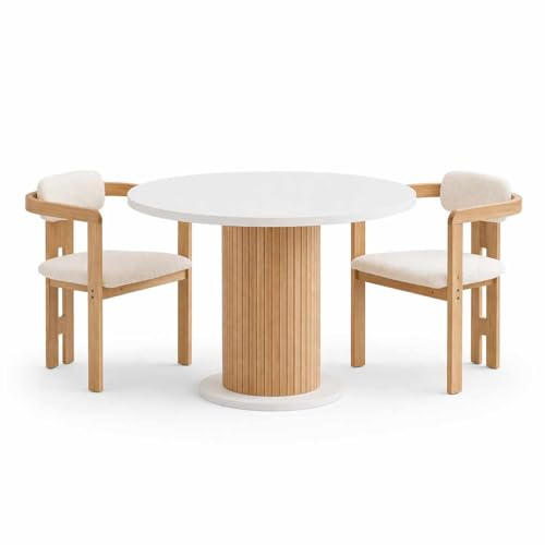 Elegantes 5-teiliges Esszimmer-Set mit Tisch und Stühlen, Weiß & Natur, 103 cm Durchmesser | 100% melaminbeschichtet, Holzbeine