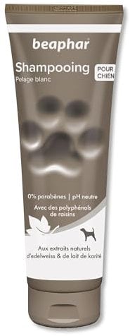 BEAPHAR – Shampoing premium pour chien au pelage blanc – Aux extraits Naturels d'Edelweiss & de Lait de Karité – Ravive l'éclat du pelage et protège du jaunissement – pH neutre & sans parabens –250 ml