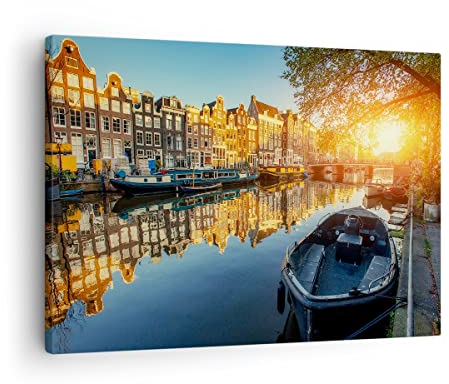 Bilder auf Leinwand Kanal Boot Amsterdam Wasser Leinwandbild 70x50cm Wandbilder Dekoration Wohnzimmer Schlafzimmer Küche Deko Klein Wanddeko Bild Wand Kunstdruck Art Wall Decor Canvas AA70x50-2857