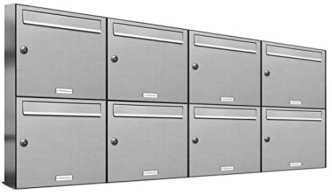 AL Briefkastensysteme 8er Briefkastenanlage, V2A Edelstahl, Premium Briefkasten DIN A4, 8 Fach Postkasten modern Aufputz