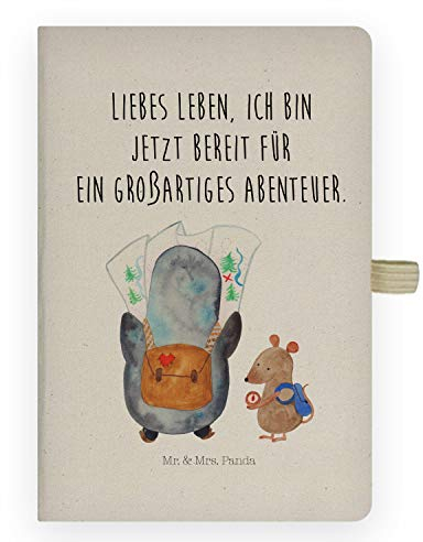 Mr. & Mrs. Panda DIN A6 Baumwoll Notizbuch Pinguin & Maus Wanderer - Geschenk, Kladde, Abenteuer, Skizzenbuch, Adressbuch, Eintragebuch, Roadtrip, Abenteurer, wandern, Pinguine, Tagebuch, Schreibheft