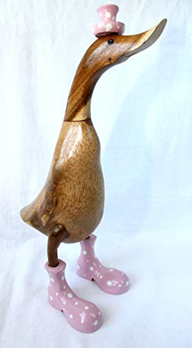 dekoundmeer Ente mit gepunkteten Stiefeln und Hut in Rosa Holz 42 cm