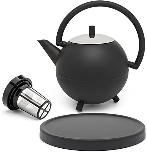 Teekanne Set 1.2 Liter - Edelstahl doppelwandig matt Schwarz - Große Edelstahlteekanne mit Deckel mit Tee-Filter-Sieb-Aufsatz für losen Tee - inkl. Holz-Untersetzer schwarz