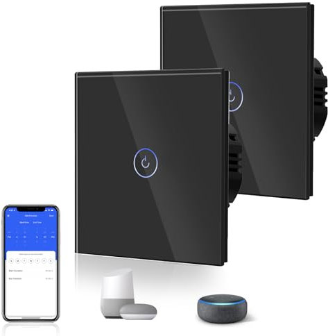 BSEED Interruptor de Luz Táctil Inteligente WIFI, Interruptor Táctil de Pared con Panel de Cristal Compatible con Alexa/Tuya/Smart Life (Requiere Cable Neutro) 1 Gang 2 Vía Negro, 2 Paquetes