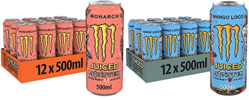 Monster Energy Monarch, 12x500 ml, Einweg-Dose, mit einem Mix aus Pfirsich und Nektarine & Mango Loco, 12x500 ml, Einweg-Dose, mit tropischen Früchten
