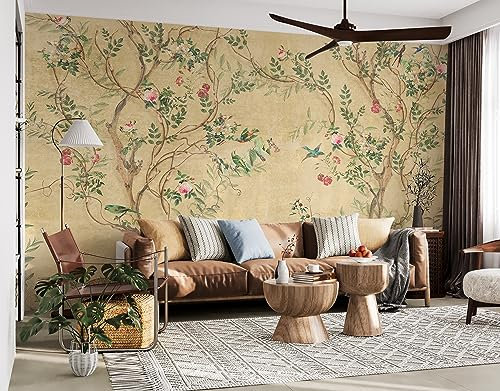COCODECO Chinoiserie Wallpaper Flowers Birds Yellow Background - Removable Paper - Peel and Stick Wallpaper - 100 H x 150 W