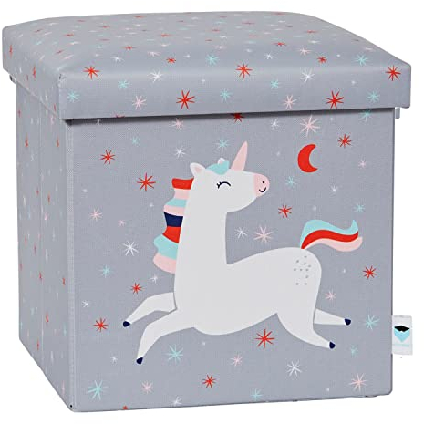 Love IT Store IT Sitzhocker mit Stauraum - Kiste mit Deckel aus Stoff - Verstärkt mit Holz - Belastbar bis 150 kg - Grau mit Einhorn - 35x35x35 cm