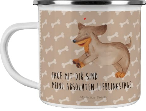 Mr. & Mrs. Panda Camping Emaille Tasse Hund Dackel - Geschenk, Emaille Campingbecher, Campingtasse, Hundebesitzer, Emaille Becher, Blechtasse