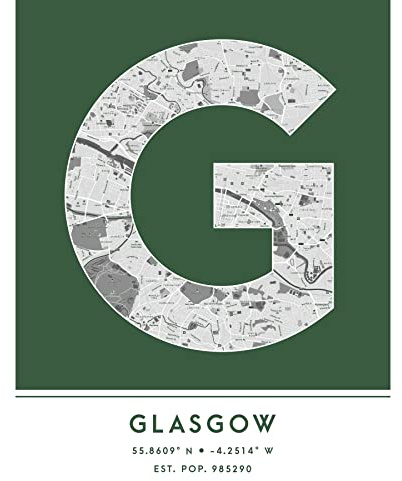 Wee Blue Coo Glasgow, Schottland, Großbritannien, Stadtplan Grün Ungerahmter großer Druck 46x61 cm