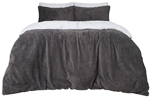 Brentfords Reversible Teddy Fleece Duvet Cover with Pillow Case Supersoft Fluffy Thermal Warm Soft Bear Bedding Set, Charcoal White - Single