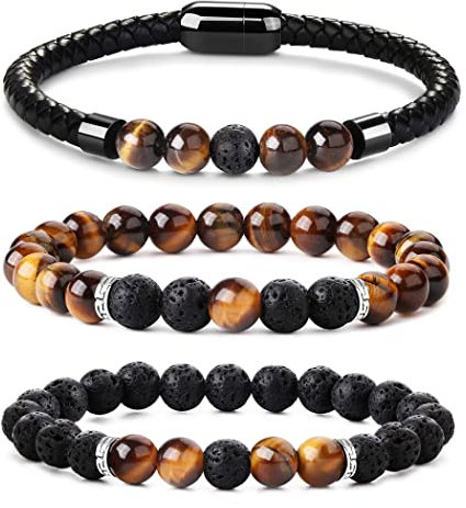 KALVICA 3 Stück 8 mm Perlen Armband für Herren Damen Natürliches Tigerauge Armband Lavagestein Perlen Armband Elastische Leder Armband mit Magnetverschluss Geburtstagsgeschenk für Männer