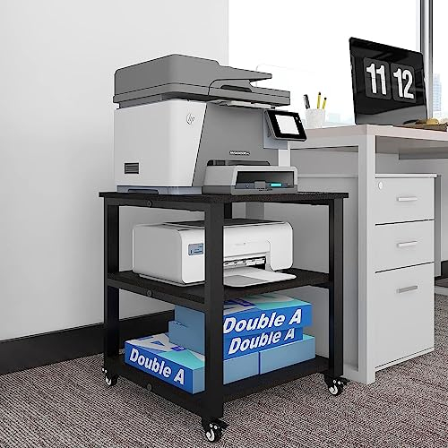 PUNCIA 3-Ebene Druckertisch mit Universalrollen mobiler Druckerständer Druckerwagen Rollwagen Aufbewahrungsregal 50 x 50 x 50 cm Schwarz für Büro Zuhause Office Schule Arbeitszimmer