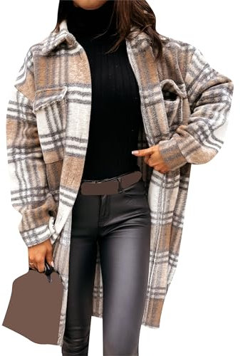 EFOFEI Femme Classique Longue Chemise à Carreaux Tweed Vestes Longues Chemise à Carreaux Vintage Baggy Revers Boutons Vestes Fente Latérale Manteau Gris Marron M