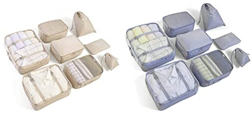 BillyBath 8-en-1 Set de Organiseurs de Bagage pour Voyage, sacs à chaussures (Rose clair) & 8-en-1, sacs à vêtements(Gris) 030
