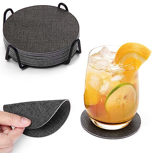 Chitomars Untersetzer Gläser 12er Set, Doppelseitigen Leder Untersetzer Rund rutschfest Glasuntersetzer Abwaschbare Getränkeuntersetzer Kunstleder Glas Untersetzer-Set (Grau, Rund)