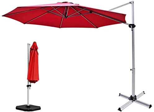 TANGZON 3.3M Cantilever Patio Umbrella, Round Offset Garden Parasol with Cross Base, 360° Rotation, Tilt Function & Air Vent, Outdoor 8-Rib Hanging Sun Shade Umbrella for Market Yard (Red)