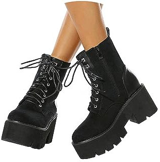 tinbarry Stivaletti da Donna Stivali in Vernice Punk Gotico Stivali Stringati con Plateau Tacco Corto Stivali Stringati Cerniera Eleganti Boots Scarpe da Donna in Vernice