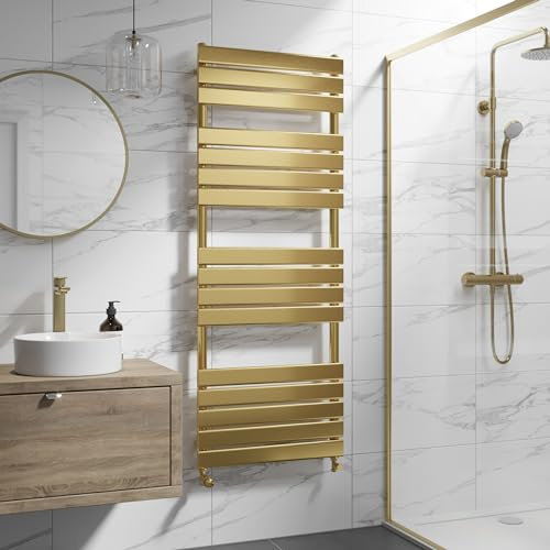 DuraTherm® 1600 x 600mm Flat Panel Heated Towel Rail Radiator Modern Central Heating Bathroom Warmer Wall Mounted Ladder Rad, Brushed Brass