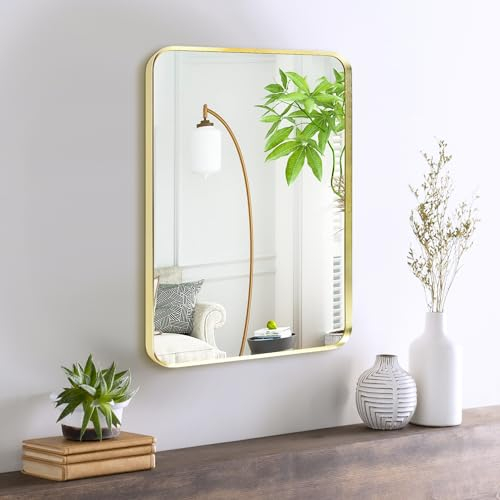 Minuover Kleiner Wandspiegel, gebürsteter goldfarbener Metallrahmen, abgerundete Ecken, rechteckiger Make-up-Spiegel für Badezimmer, Schlafzimmer, Wohnzimmer (30,5 x 40,6 cm, Gold)