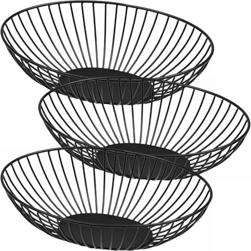 Marrakesch Orient & Mediterran Interior 3er Set Obstschale Obstkorb aus Metall in Schwarz 30 cm groß Drahtkorb Schale Abisko als skandinavisches Design