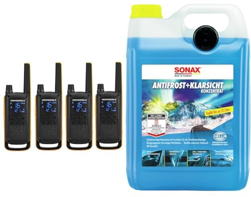 Motorola Talkabout T82 Extreme Quad PMR Funkgerät (Bis zu 10 km Reichweite & SONAX AntiFrost+KlarSicht Konzentrat (5 Liter) Scheibenwaschanlagen-Frostschutz sorgt für klare Sicht, Art-Nr. 03325050