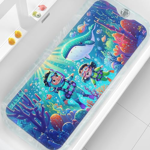 XIYUNTE Baby Bath Mats Non Slip Anti Mould - 100x40cm Extra Long Non Slip Bath Mat for Kids, Eco-Friendly Toddler Bath Mat with Suction Cups for Secure Grip, Easy to Clean & Easy Drying, Seababe